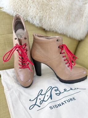 LL Bean Tan Signature High Heel Hiking Platform Ankle Boots Leather Womens 9